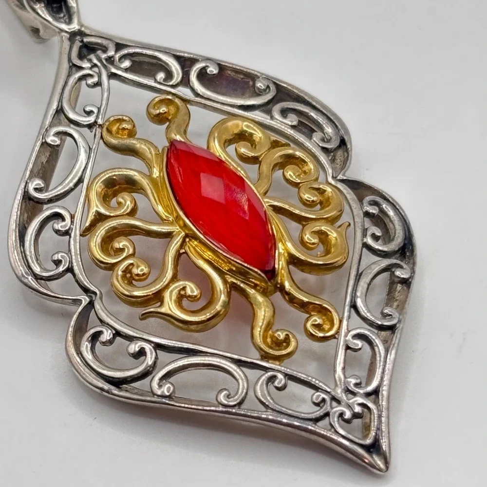 Vintage Carolyn Pollack Pendant Enhancer 925 Silver Brass Red-Orange Stone 3